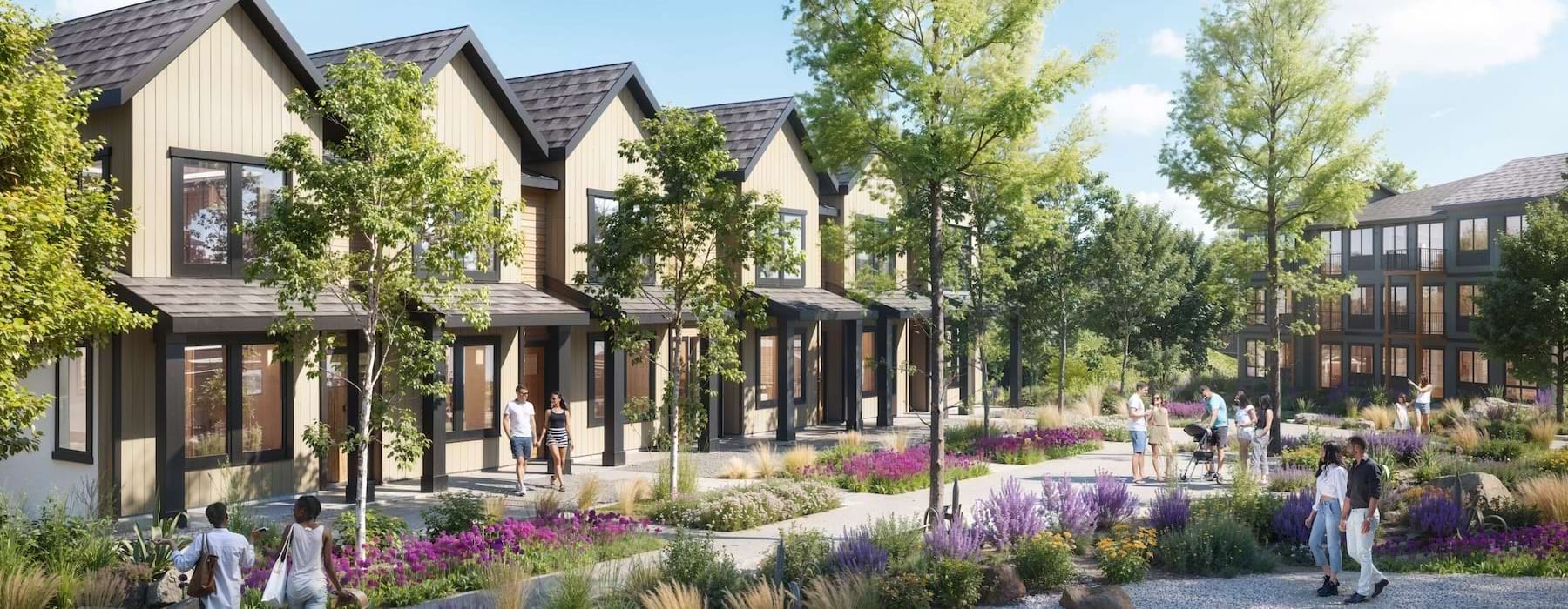 a row of houses with a walkway and trees in between