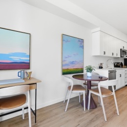 open living with dining kitchen and desk area
