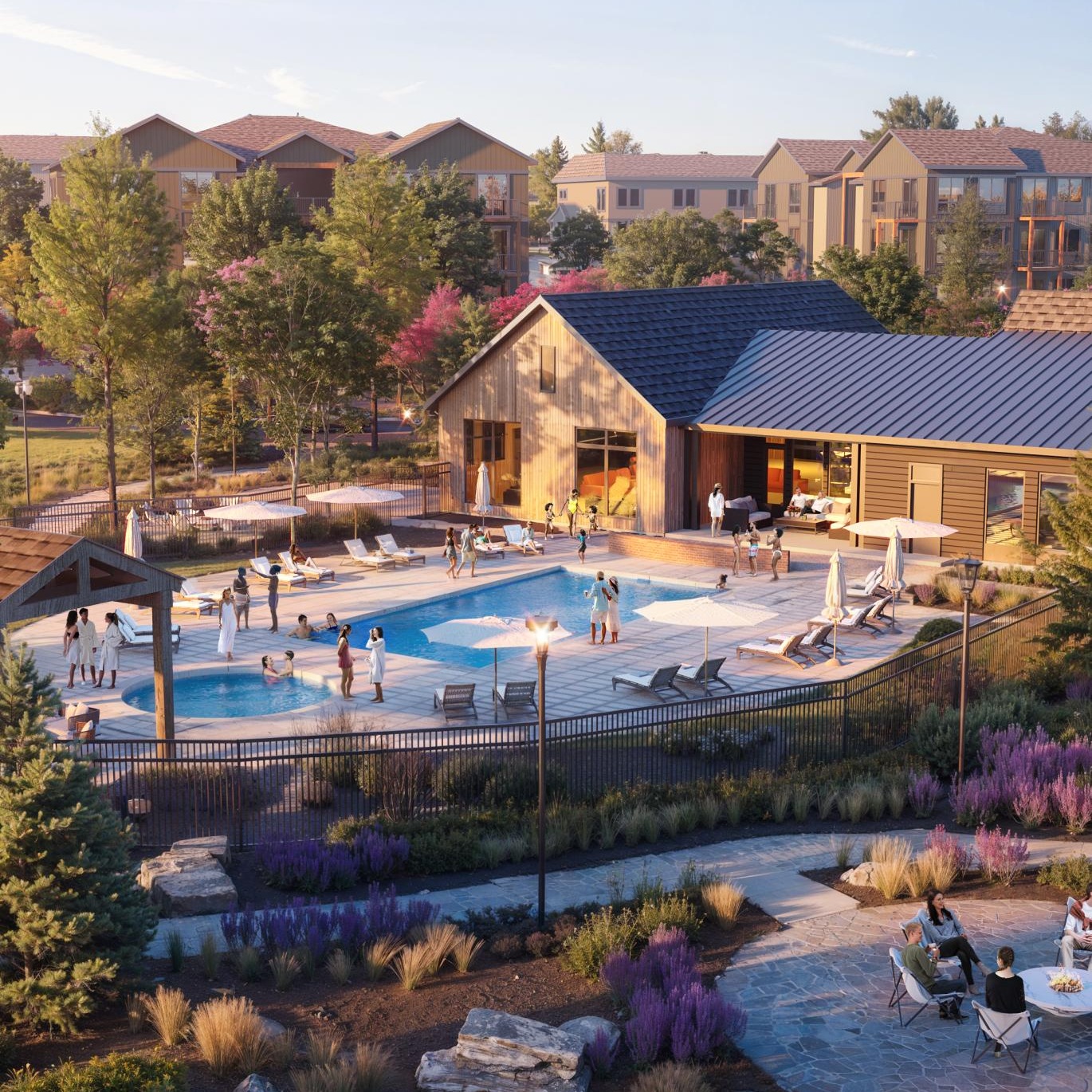 a swimming pool with a building in the background