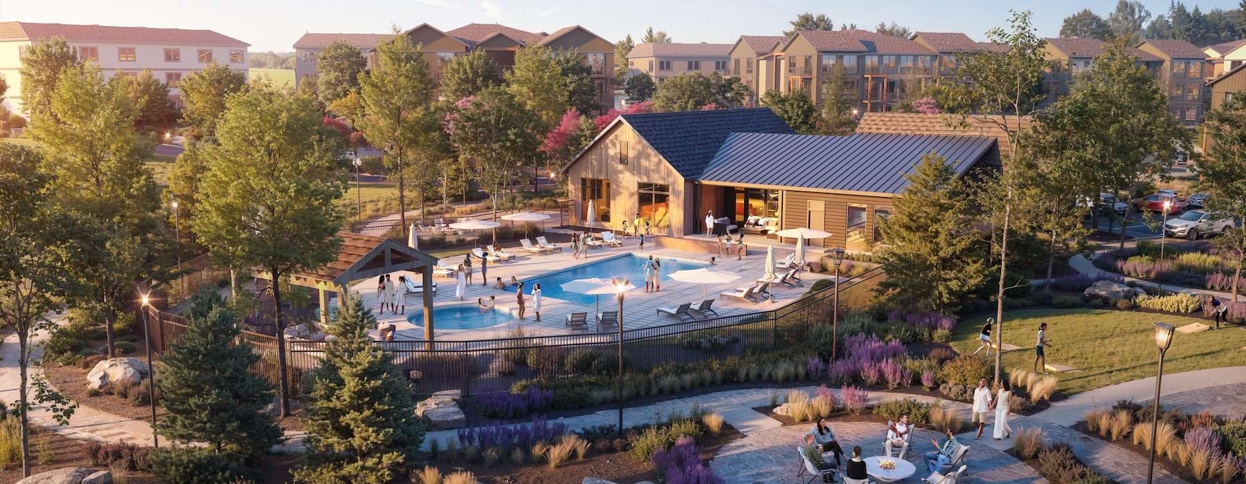 a swimming pool with a building in the background