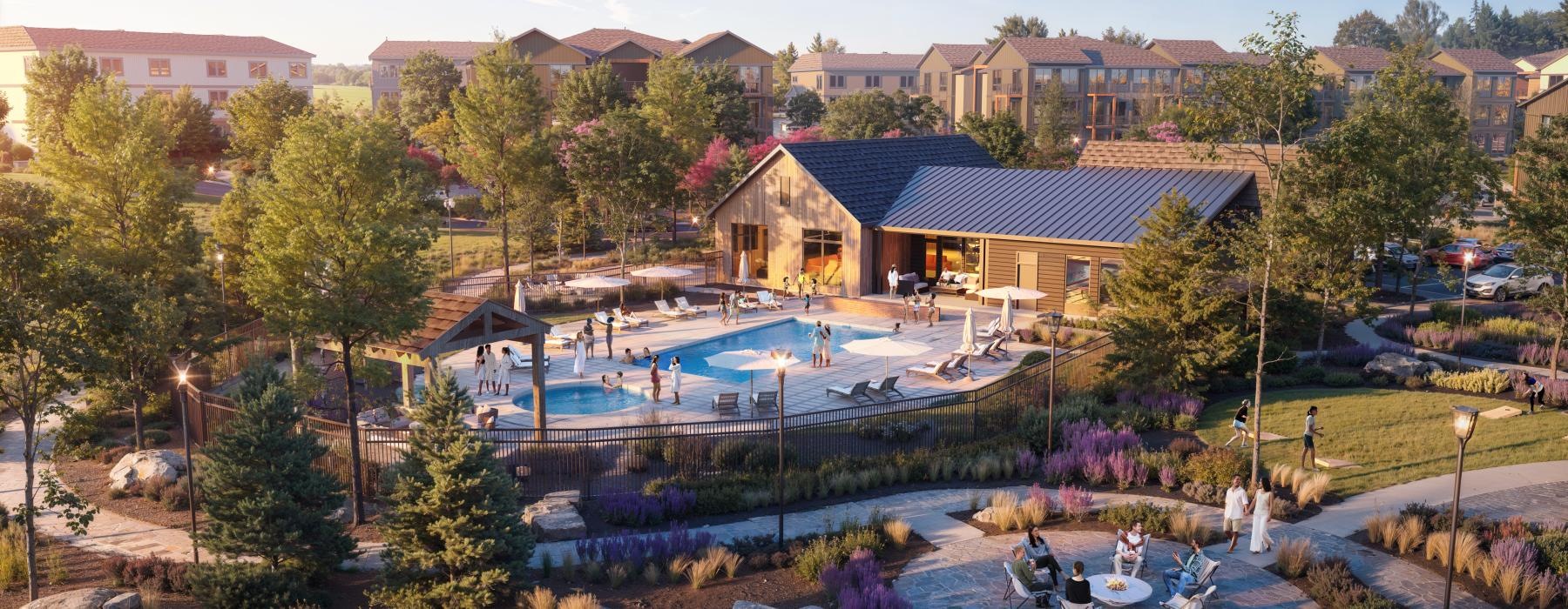 a swimming pool with a building in the background
