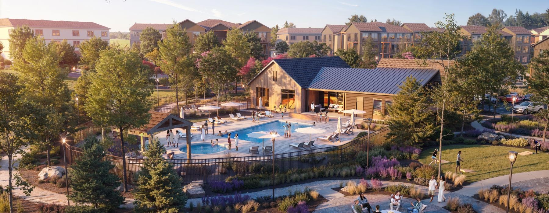a swimming pool with a building in the background